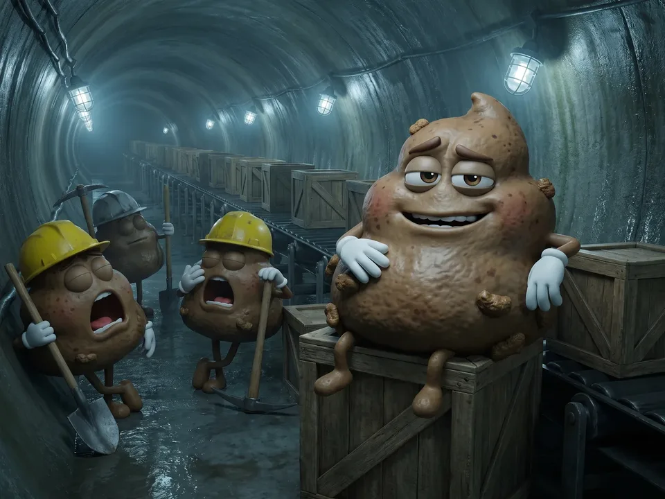 The animated stuck-poop villain from the ad slumped smug in a dim sewer tunnel while a crew of poop workers in hard hats lean on their shovels and yawn