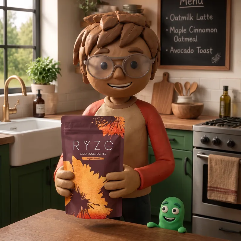 Woman holding a bag of RYZE mushroom coffee in her kitchen