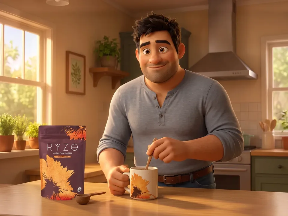 The animated man smiling at his sunlit kitchen counter stirring the floral RYZE mug, the brown RYZE pouch and the wooden scoop in front of him.