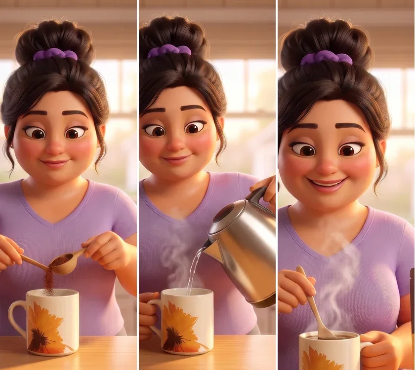 Three panels of the animated mom scooping RYZE with the wooden scoop, pouring hot water and stirring the mug.