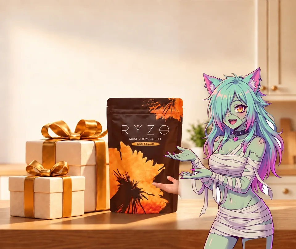 UP TO 40% OFF + FREE GIFTS. RYZE coffee and two wrapped gifts on a kitchen counter with the anime cat girl presenting them in the foreground.