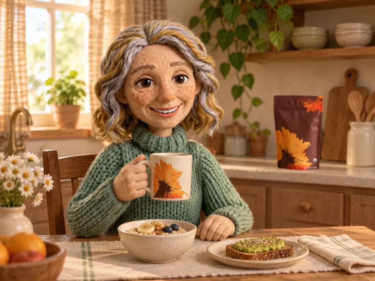The friendly freckled felt mother in a sage knitted sweater in the matching campaign scene with consistent facial features