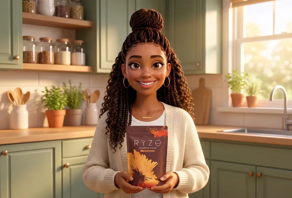 The campaign character holding the RYZE Mushroom Coffee pouch