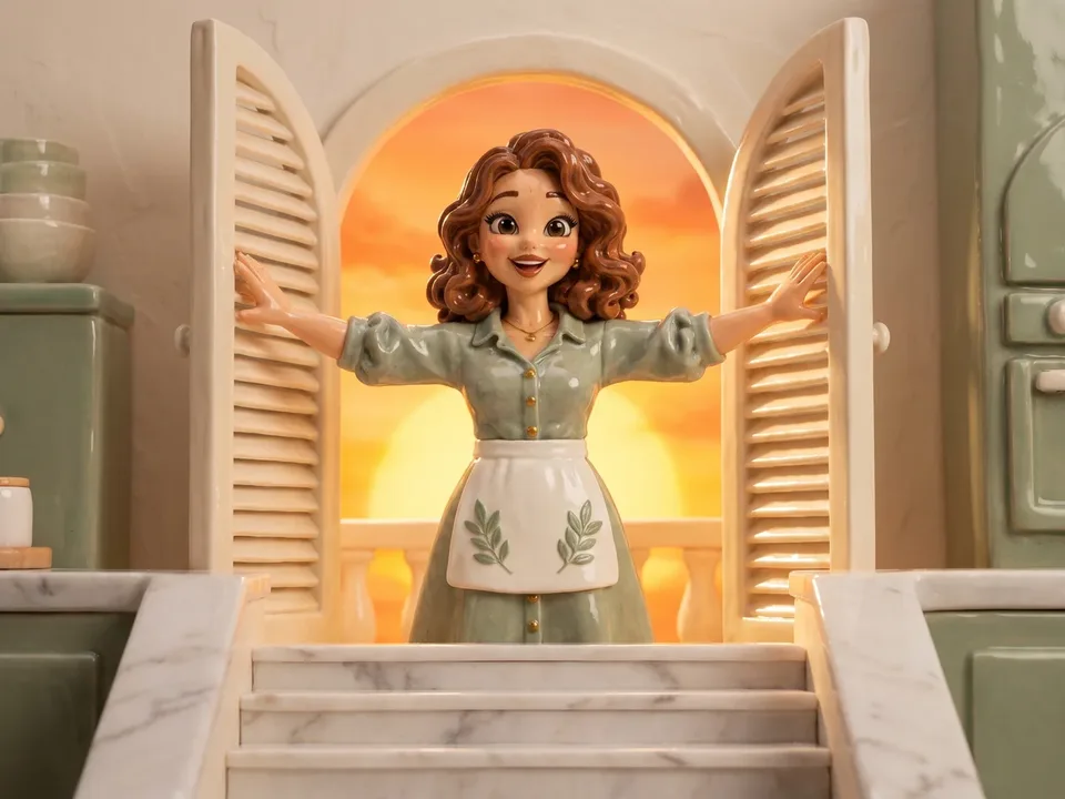 The clay-figurine woman from the ad at the top of her white marble staircase, pushing the arched shutters open onto a sunrise, arms wide.