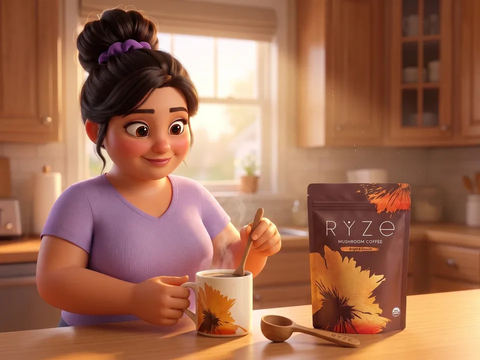 The animated mom stirring her floral RYZE mug at her sunlit kitchen counter, the brown RYZE pouch and the wooden scoop beside it.