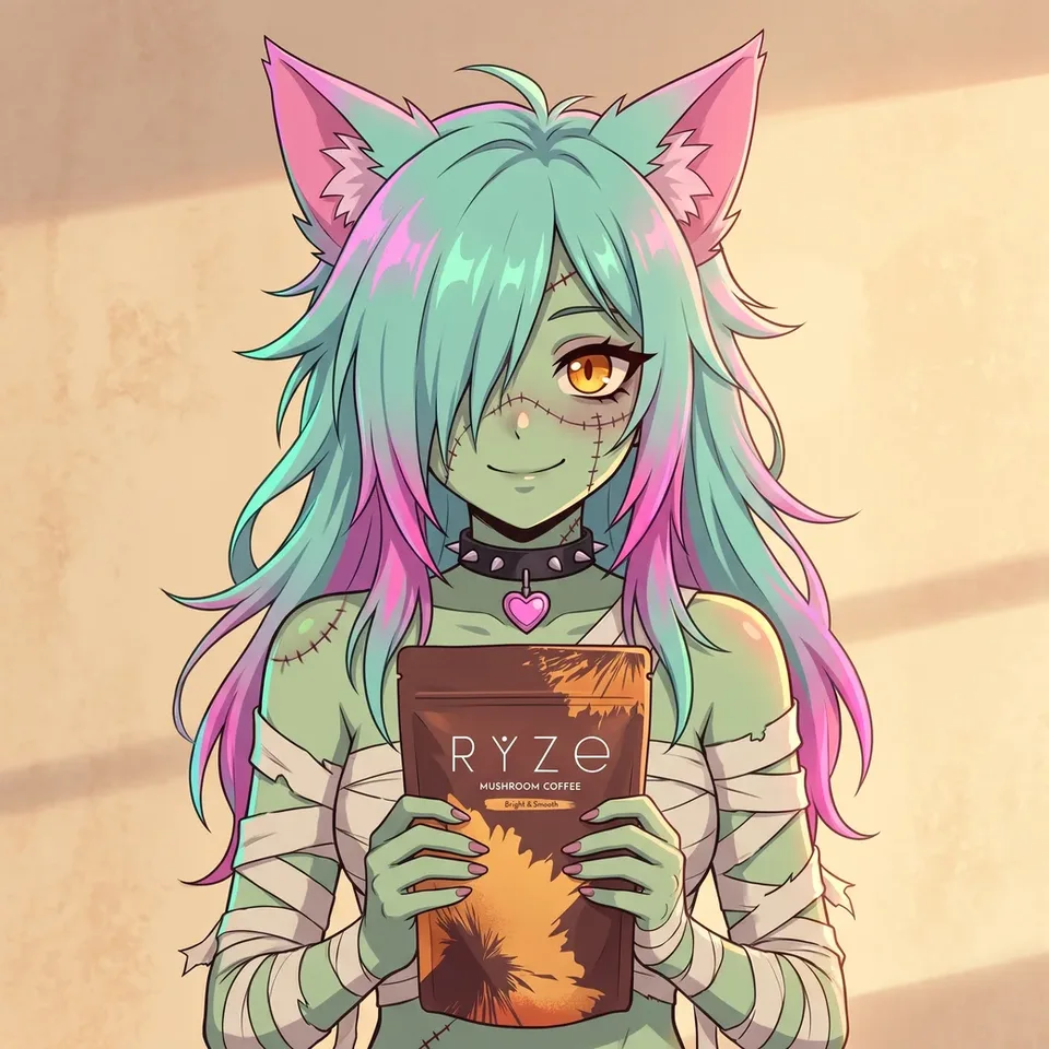 The anime cat girl holding the brown RYZE Bright & Smooth pouch with both hands at chest height, smiling.