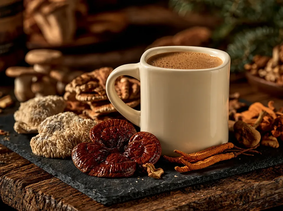 Brewed mug of RYZE mushroom coffee on slate beside Lion's Mane, Reishi and Cordyceps specimens
