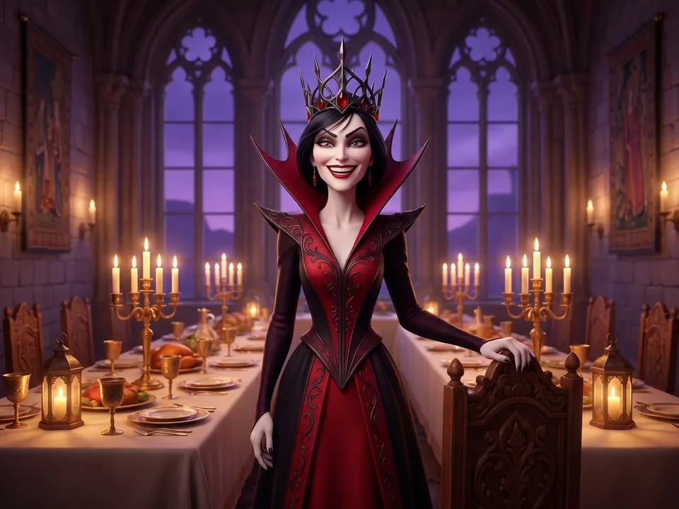 The same queen laughing at the head of a candle-lit dinner table at dusk, upright and easy