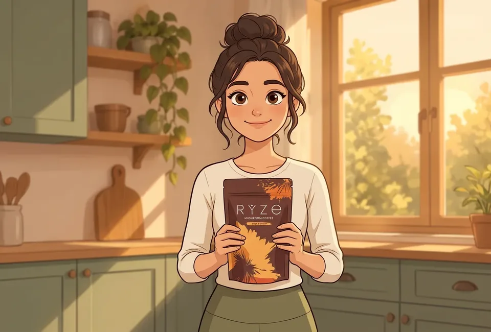 The illustrated woman at her sunrise kitchen window holding the brown RYZE Mushroom Coffee pouch with both hands, smiling.