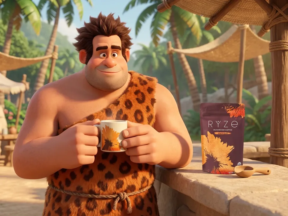 Two friends laughing over mugs of RYZE, the pouch on the table between them