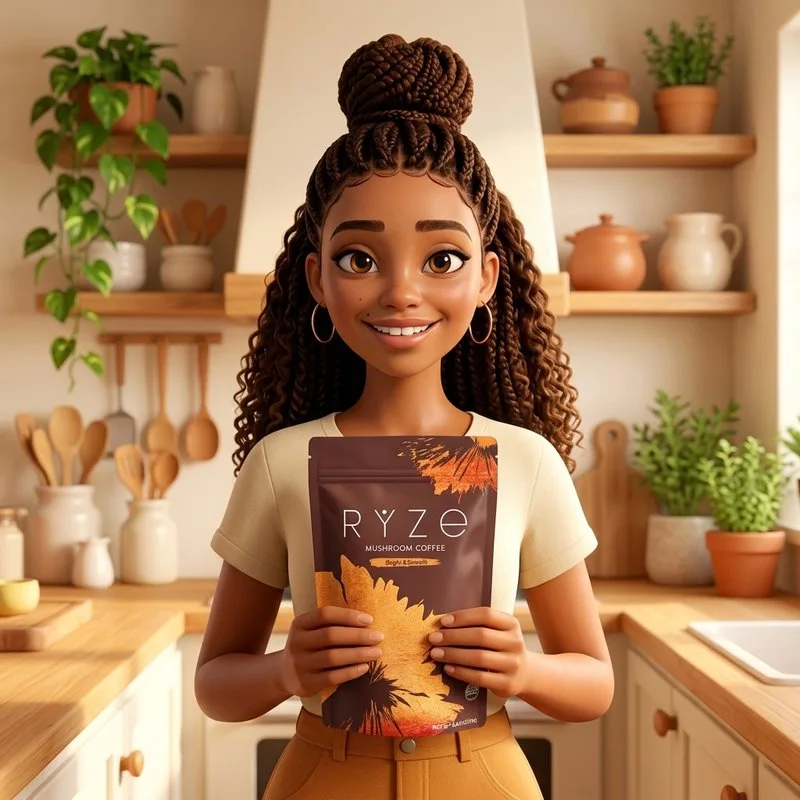Woman holding a bag of RYZE mushroom coffee in her kitchen