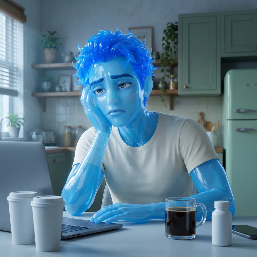 The animated blue glass man slumped at his home desk in the afternoon beside emptied coffee cups and a probiotic bottle