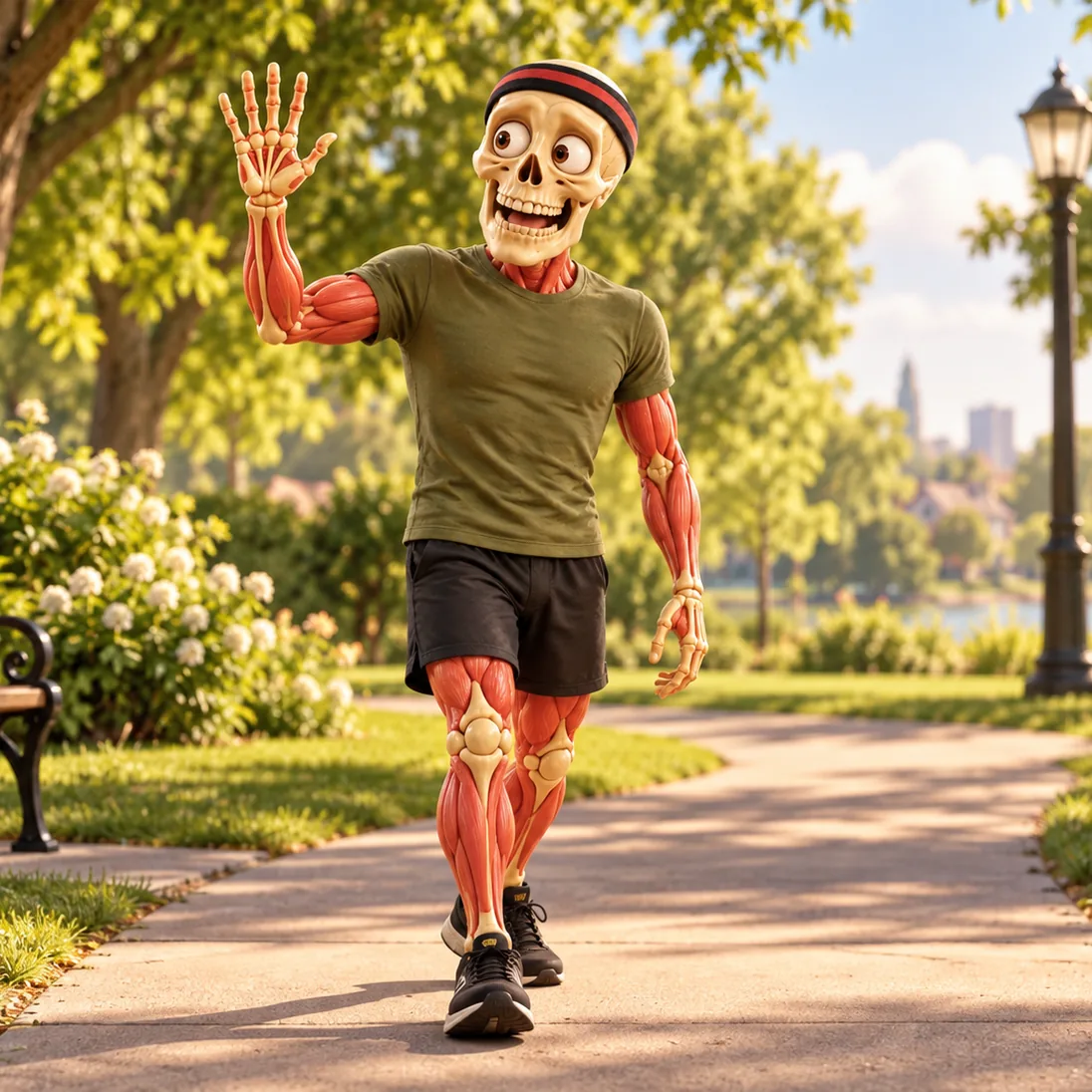 Friendly sporty skeleton in a red-and-black headband, olive T-shirt and black shorts jogging in a sunny park.