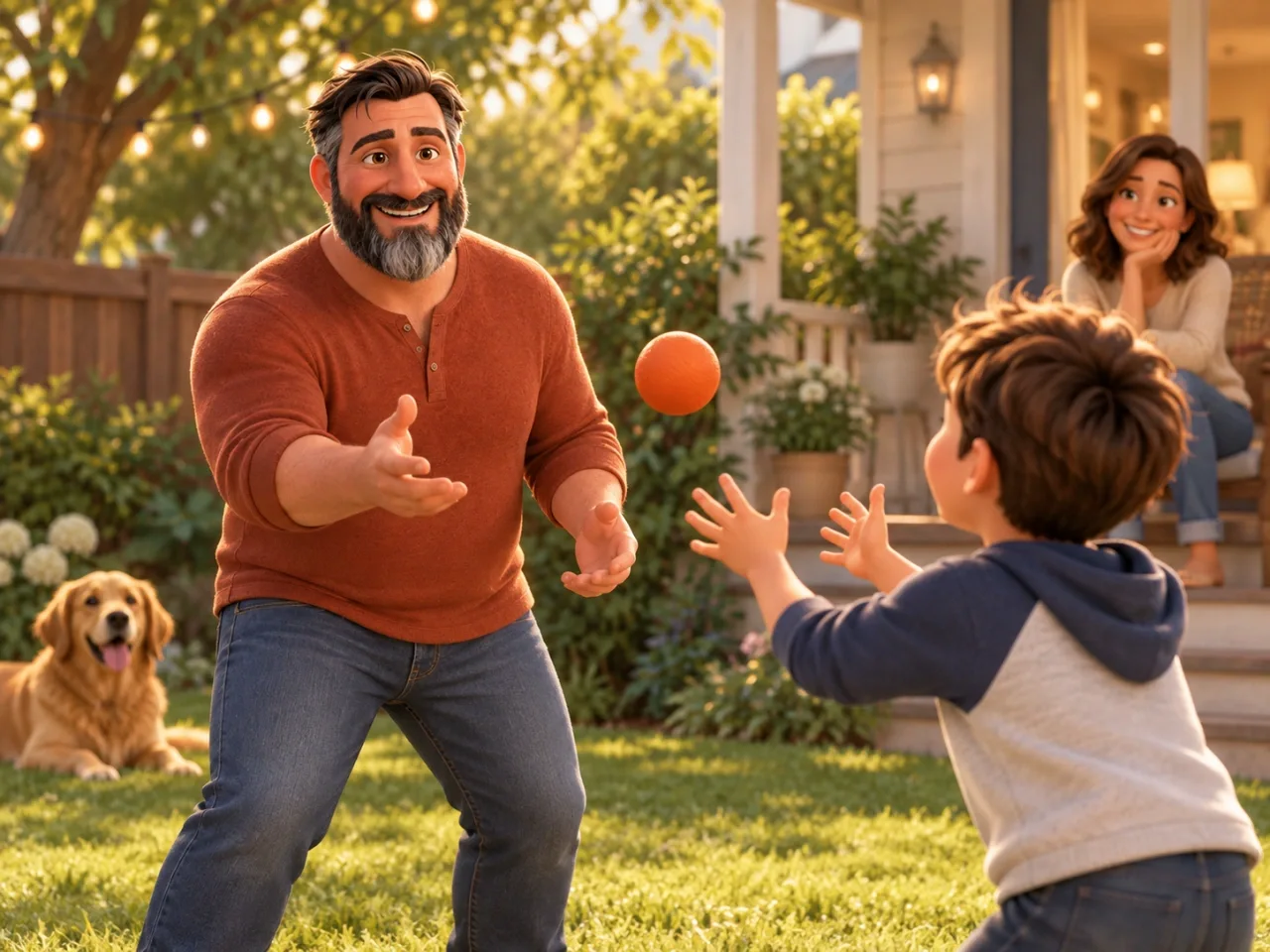 Happy animated dad playing catch with his son in the backyard while his wife watches from the porch.