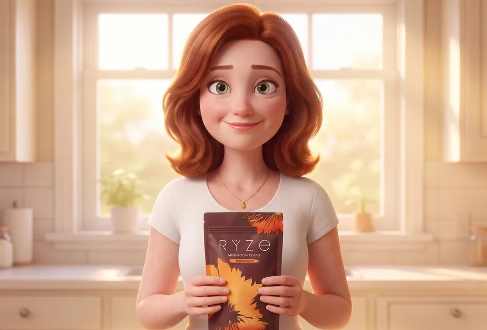 The animated 47-year-old mom in her kitchen holding the brown RYZE Mushroom Coffee pouch with both hands, smiling.
