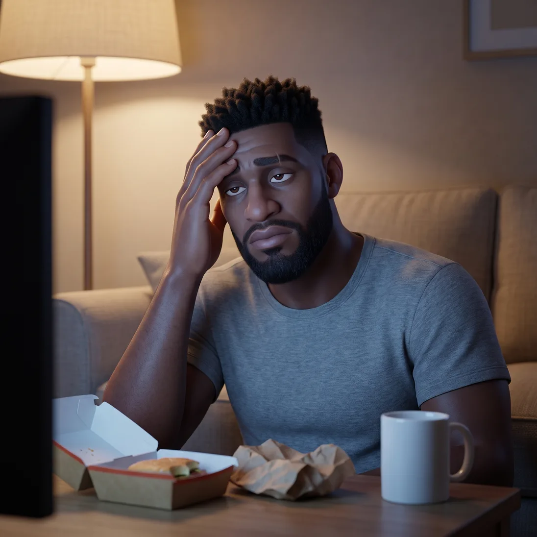 The animated man in a grey tee slumped on his sofa at night, a hand to his forehead, a fast-food container and a plain mug on the coffee table