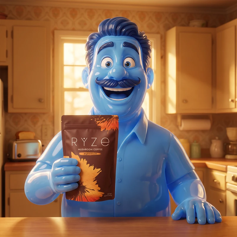 Animated man holding a bag of RYZE mushroom coffee in his kitchen
