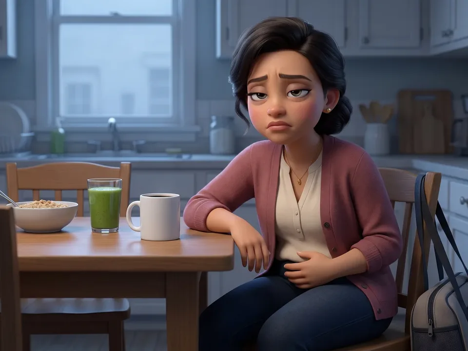 The animated woman from the ad slumped at her kitchen table at 7am, puffy and drained beside a plain coffee, a green smoothie and her gym bag