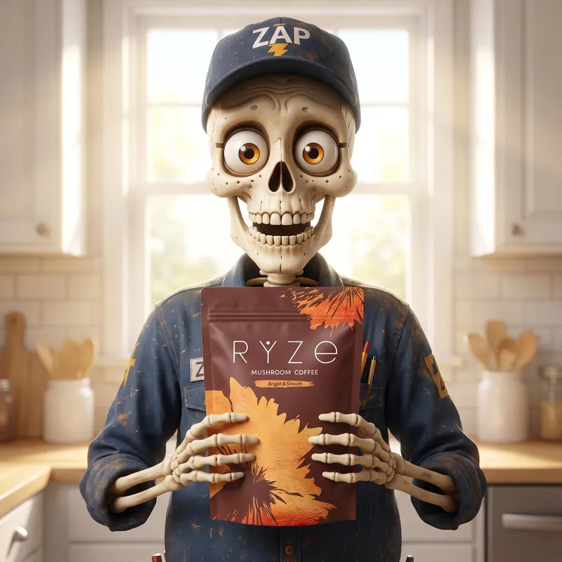 Woman holding a bag of RYZE mushroom coffee in her kitchen