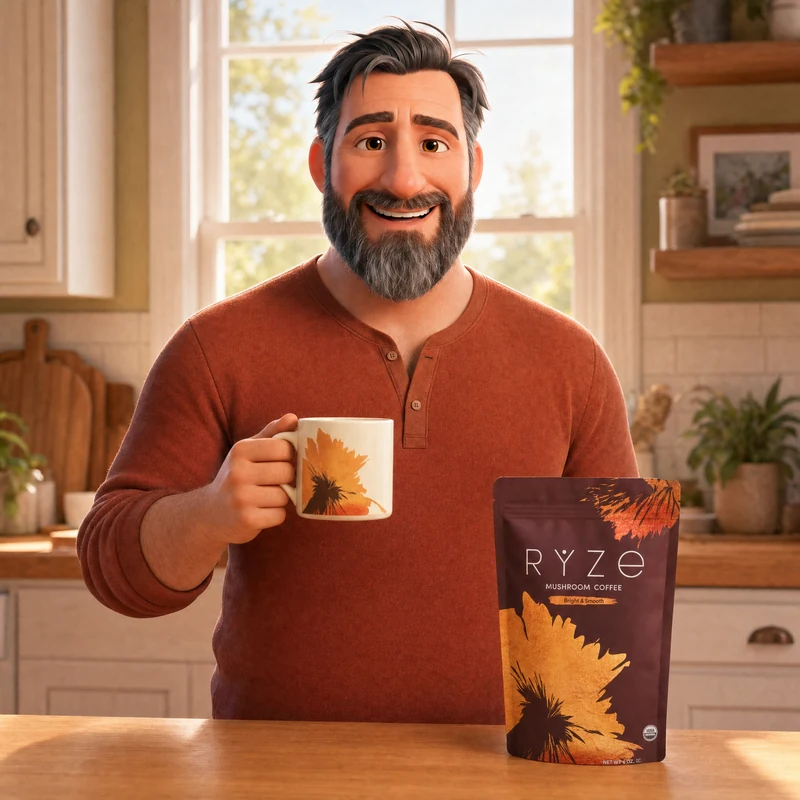 Clay-animation dad holding a bag of RYZE Mushroom Coffee in his kitchen