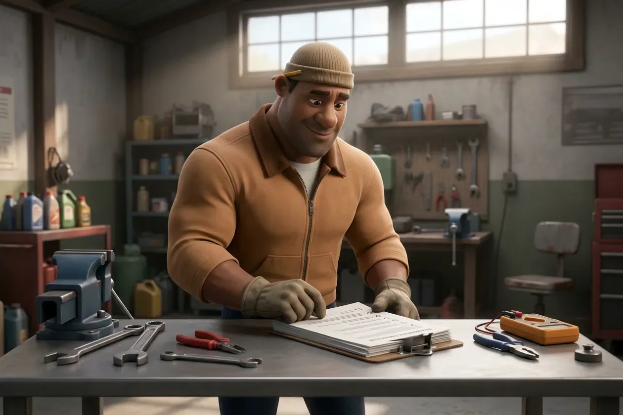 Mechanic reading a checklist at his workbench, focused and clear-eyed