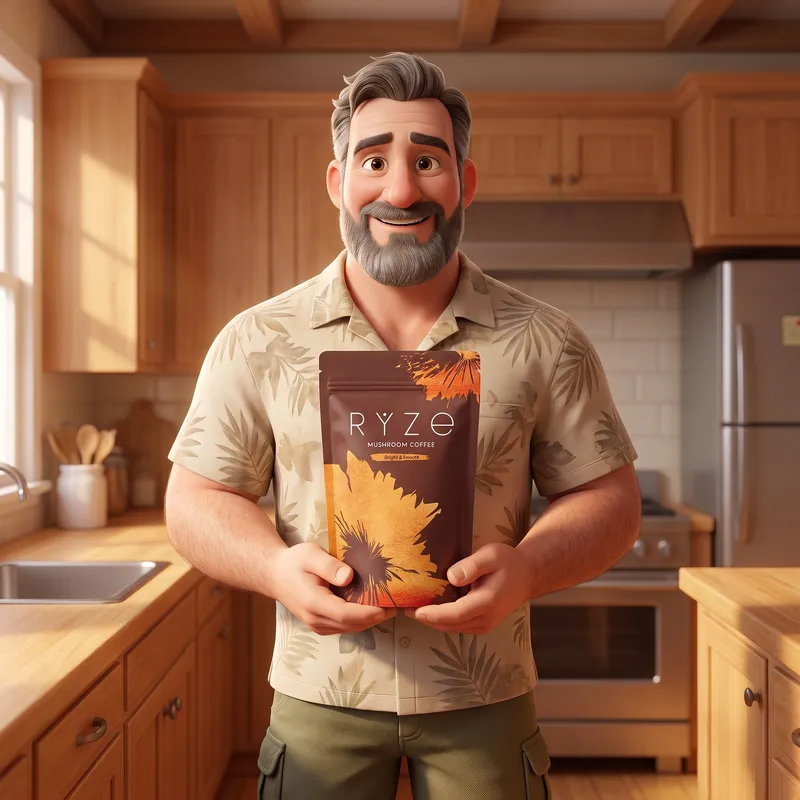 Animated bearded man holding a bag of RYZE Mushroom Coffee in his kitchen