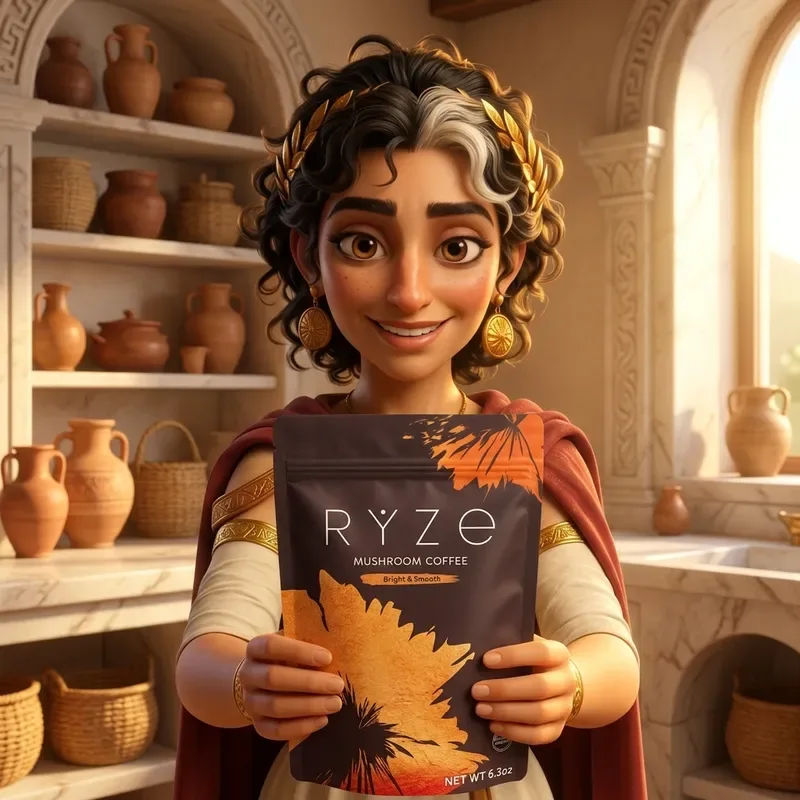 Animated character holding a bag of RYZE mushroom coffee