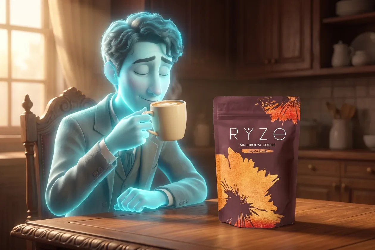 Ghost of a young man savouring a sip of creamy RYZE latte with the bag of RYZE Mushroom Coffee on the table