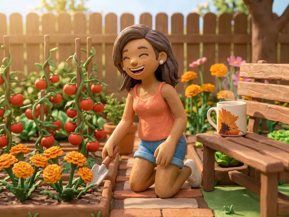 The claymation woman from the ad laughing as she plants seedlings in her sunny garden, the floral RYZE mug on the bench beside her.