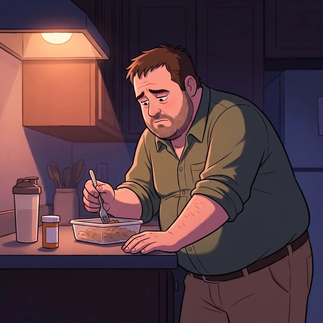 Animated man eating cold leftovers from a container at the kitchen counter at 9pm under a single light, tired and slumped