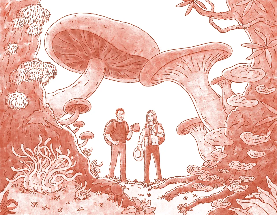 Illustration of the RYZE founders standing among oversized mushrooms