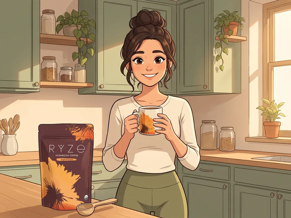 The illustrated woman at her sunlit kitchen counter holding a RYZE mug, the brown RYZE pouch and wooden scoop on the counter.