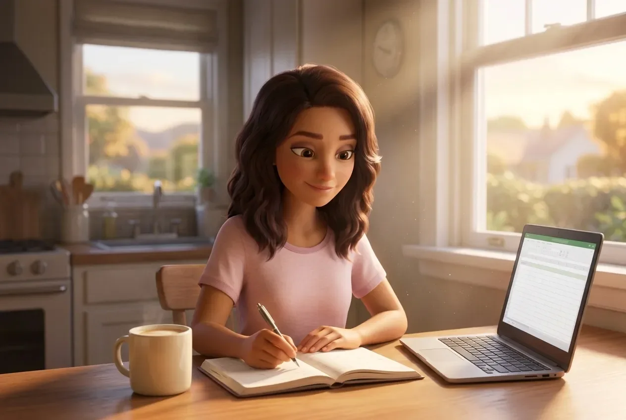 Animated mom at her kitchen table with a planner and laptop, mug of RYZE beside her