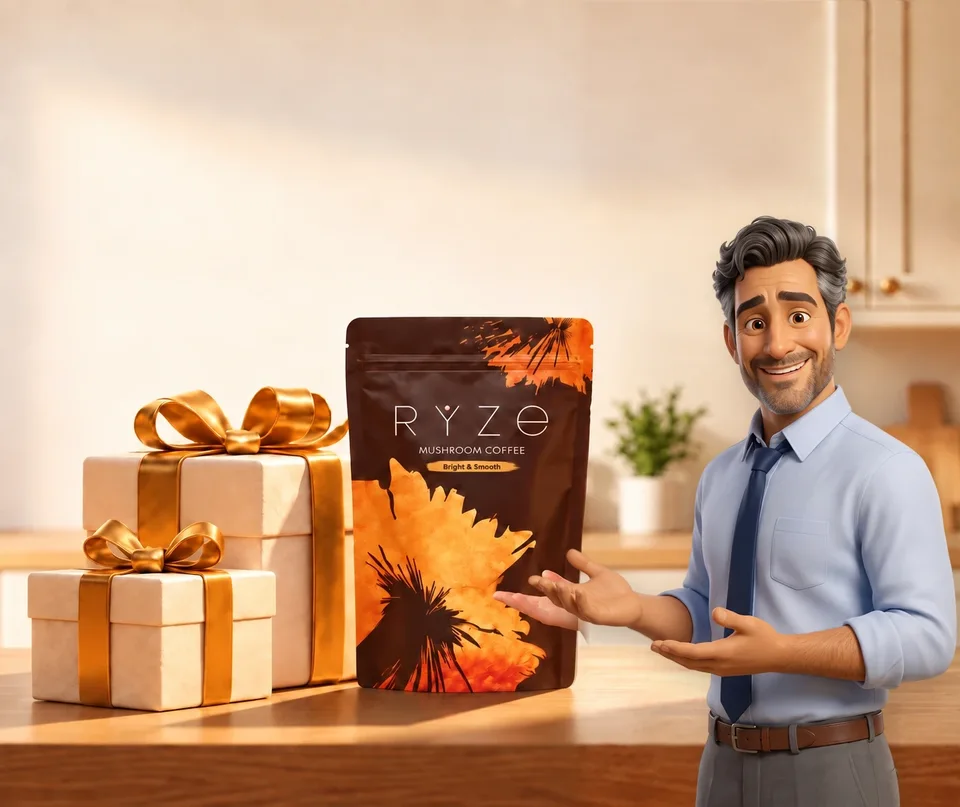 UP TO 40% OFF + FREE GIFTS. RYZE coffee and two wrapped gifts on a kitchen counter with the animated dad presenting them in the foreground.