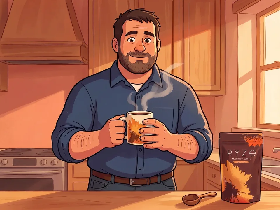 The animated bearded foreman holding his floral RYZE mug at his sunlit kitchen counter, the brown RYZE pouch and the wooden scoop beside it.