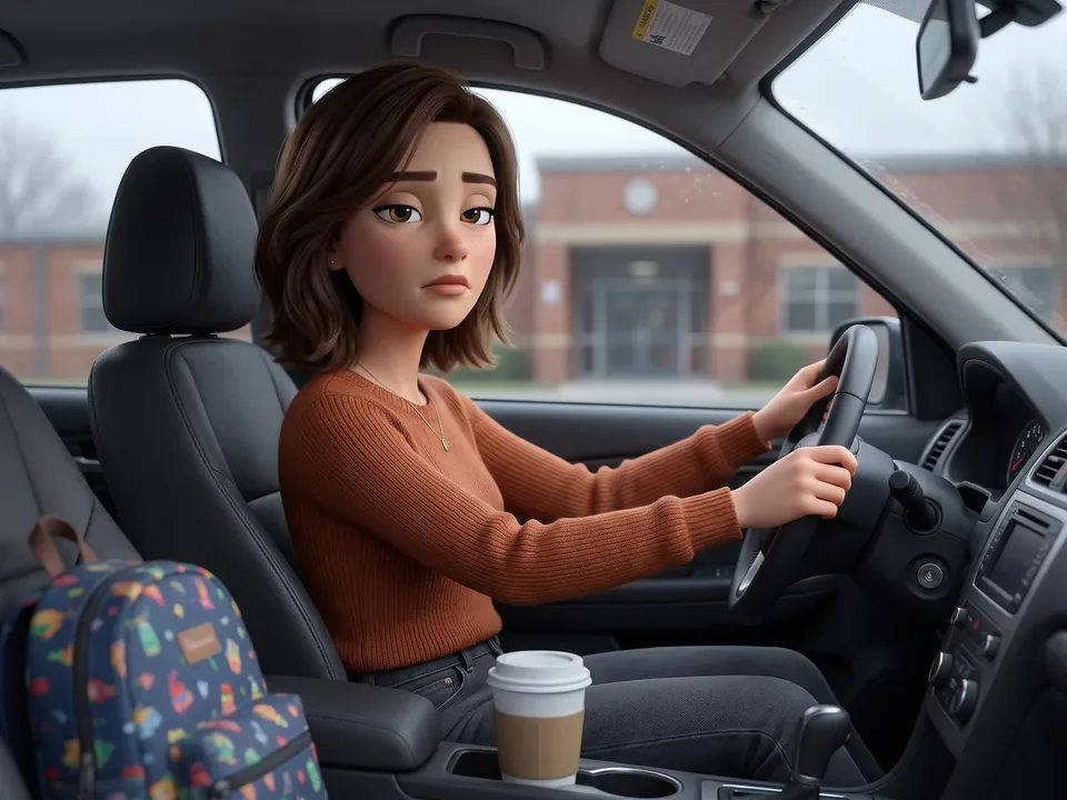 The mom from the ad sitting drained in her parked car in the school pickup line, a paper coffee cup in the holder, grey afternoon light