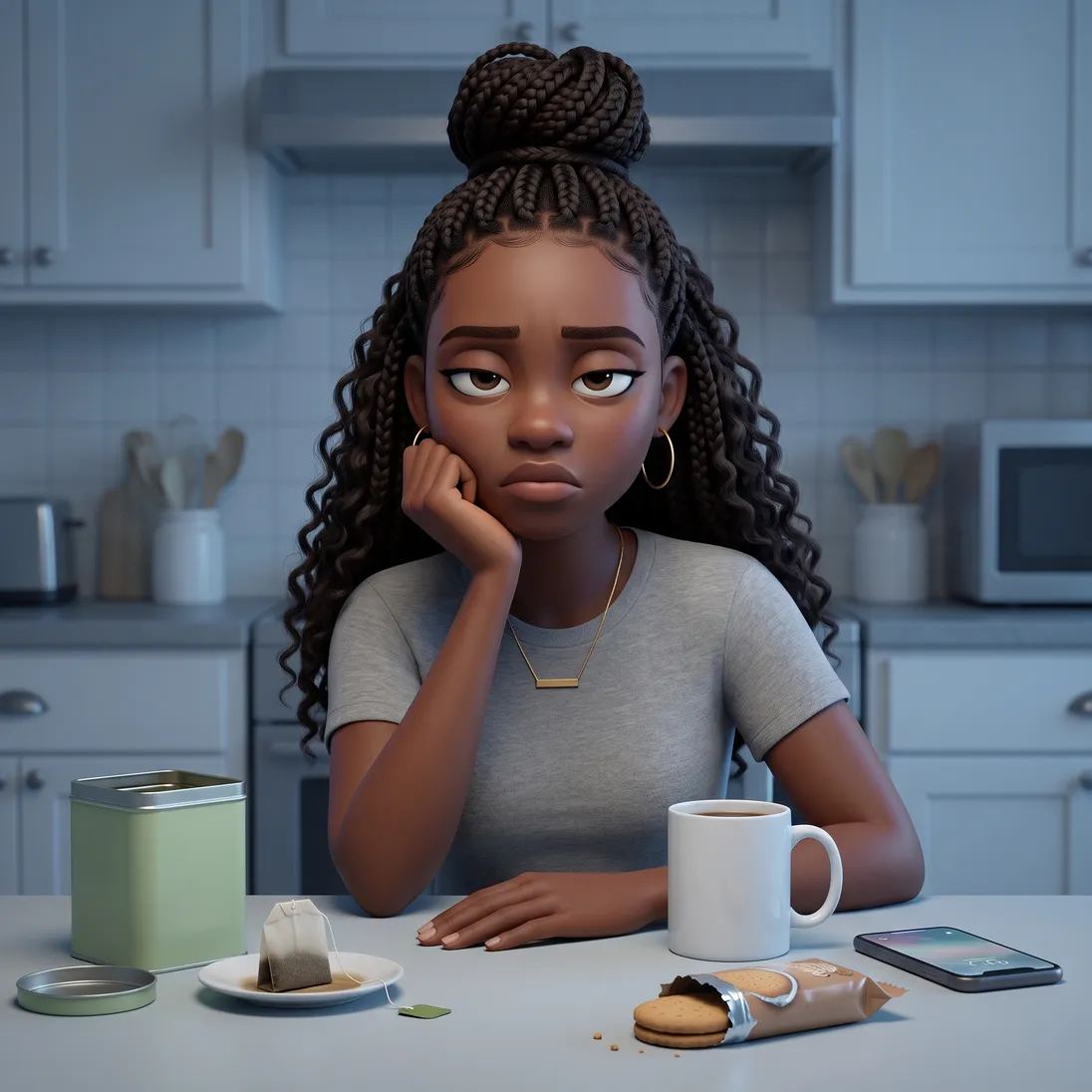 Animated mom at a desaturated kitchen table late in the morning, chin in her hand beside a plain mug, slimming-tea boxes and a torn biscuit wrapper
