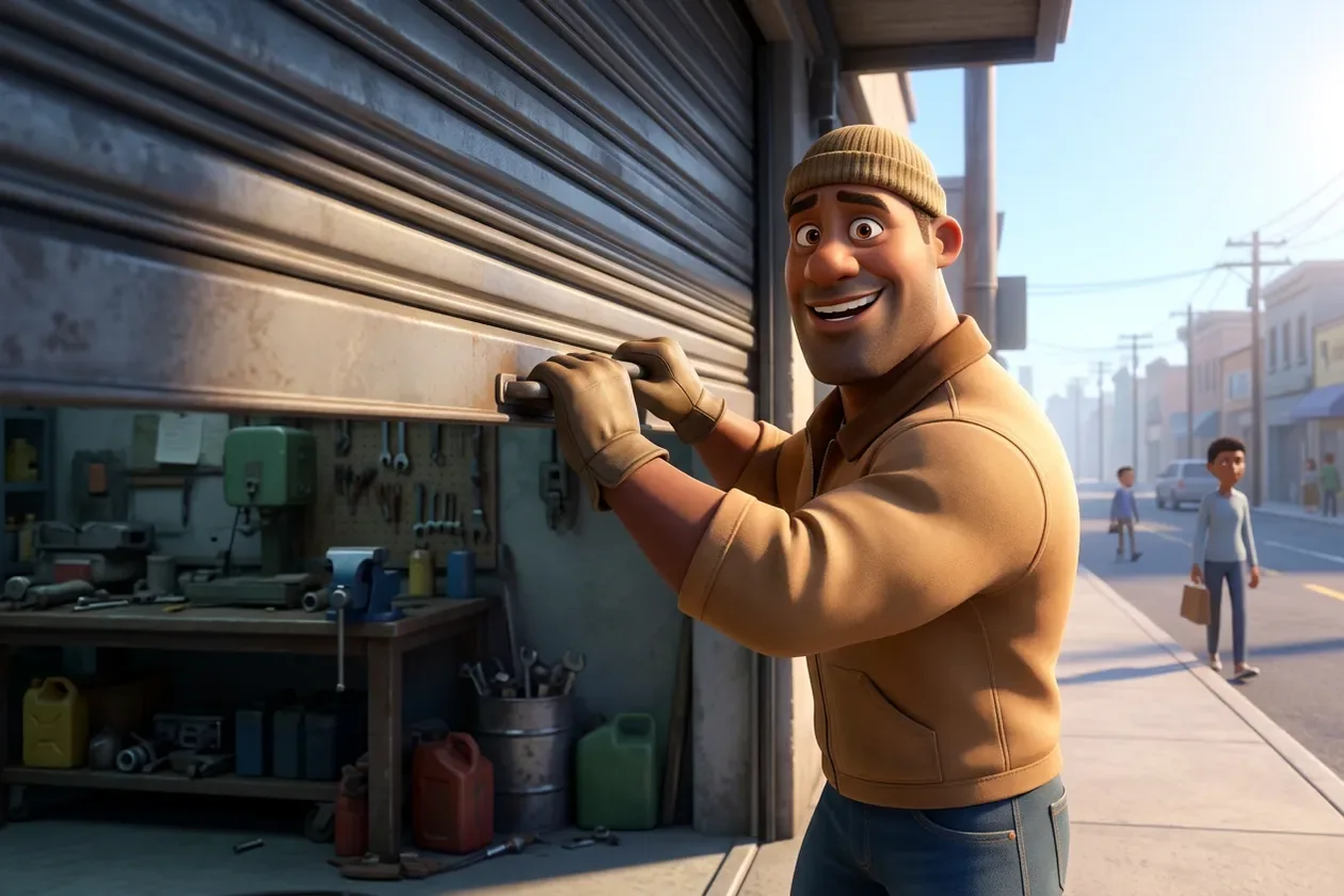 Mechanic opening up his garage in bright morning light, full of energy