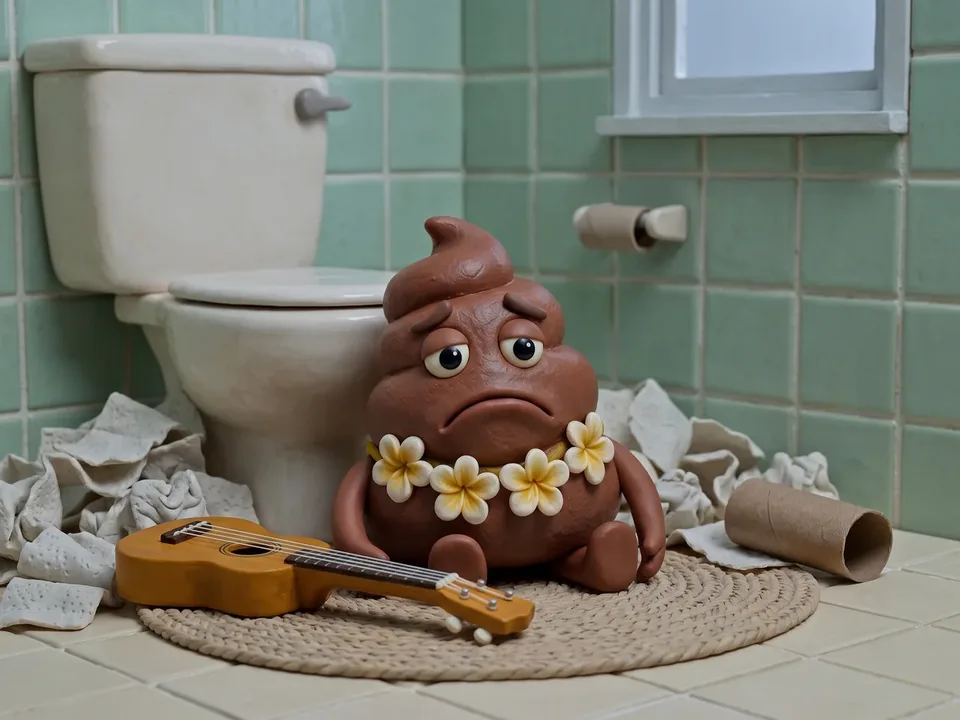 The sad claymation poop character from the ad sitting on the bathroom floor beside a heap of crumpled toilet paper and an empty roll, cool light.