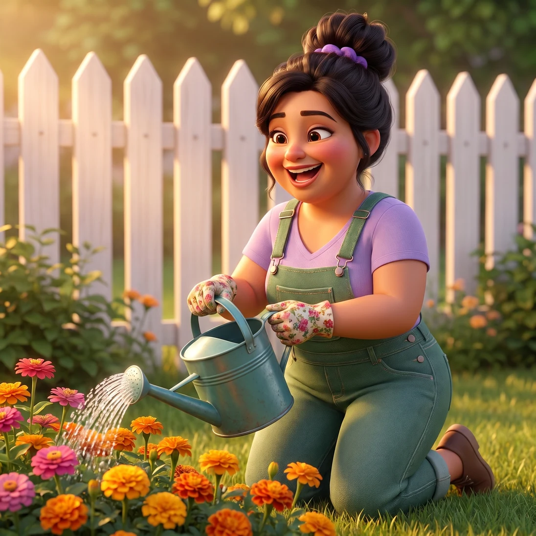 The same mom laughing in her back garden in green overalls, watering the flower beds in golden late-afternoon light