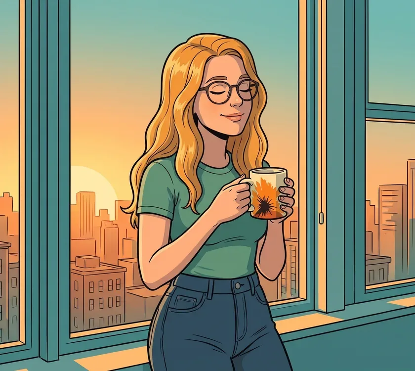 The woman from the ad calm at her sunrise window with both hands around her RYZE mug, shoulders relaxed.