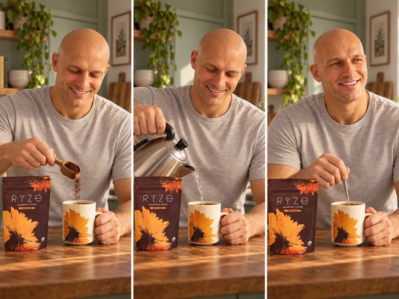 The natural bald man in a grey T-shirt in the matching campaign scene with consistent facial features