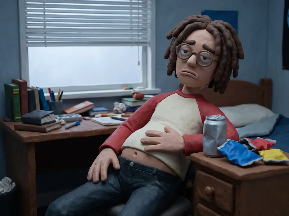 The claymation young man slumped back in his bedroom chair in grey morning light, glasses on, one hand pressed flat on his bloated stomach, an open soda can