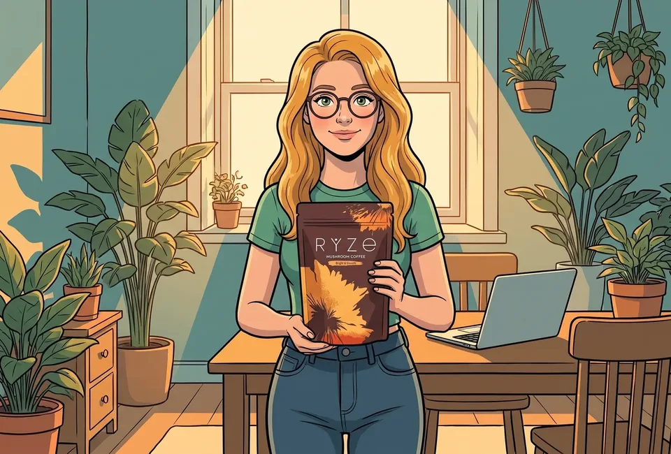 The comic-style woman with glasses in her sunlit living room holding the brown RYZE Mushroom Coffee pouch with both hands.