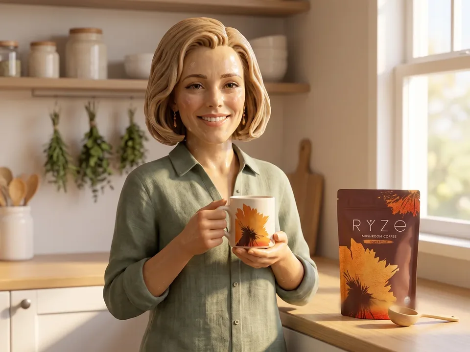The textured-clay 3D woman from the ad holding a RYZE mug in both hands at her herb-kitchen counter, the brown RYZE Mushroom Coffee pouch and the wooden RYZE