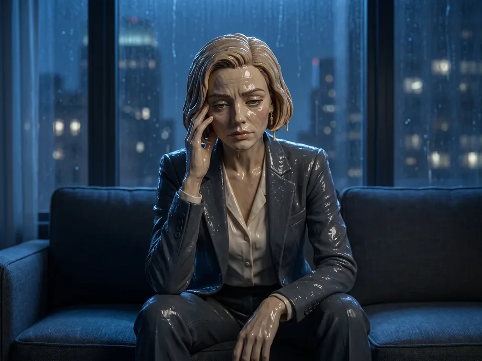 The textured-clay 3D woman from the ad awake on her couch at 3am in cool blue light, hand at her temple, rain on the city window behind her.