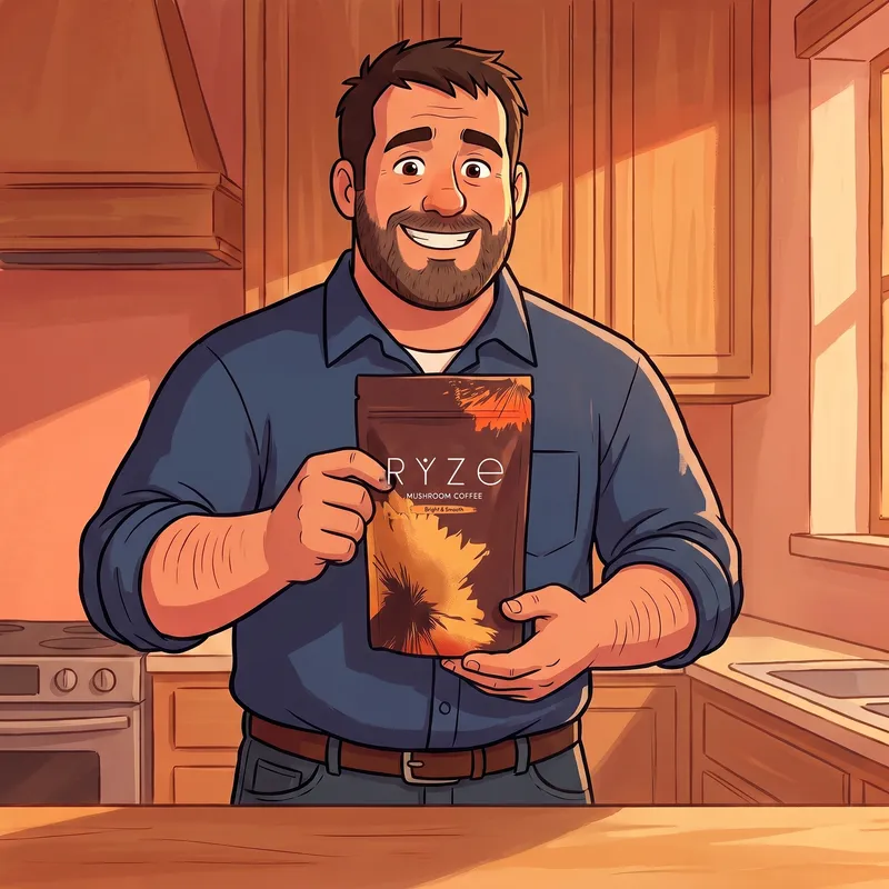 Animated man holding the brown RYZE Mushroom Coffee pouch at chest height in his kitchen