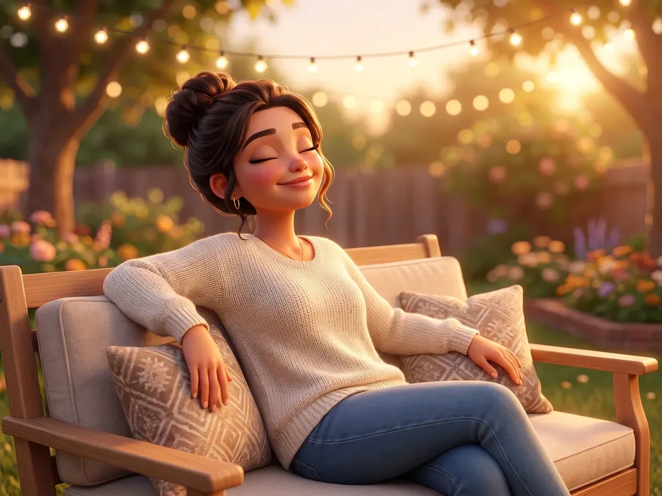 The same mom leaning back into her garden sofa at golden hour with her eyes closed and a relieved smile, string lights above, no cup.