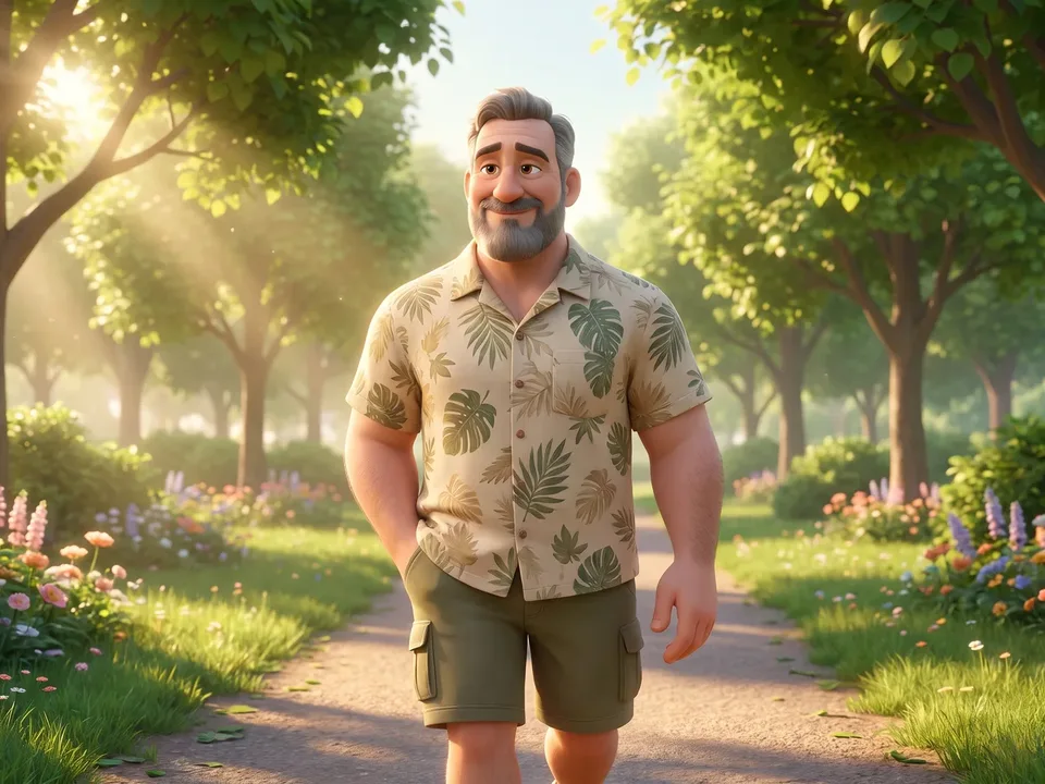 The bearded man from the ad strolling a sunlit park path in the morning, relaxed and smiling