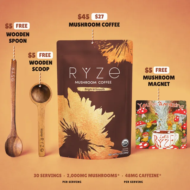 RYZE Mushroom Coffee — pouch, mug and iced glass